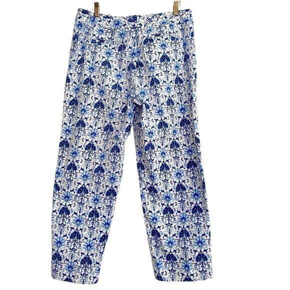 Talbots Stretch Blue + White Boho Damask Print Ankle Crop Pants Size 10 - Picture 1 of 7